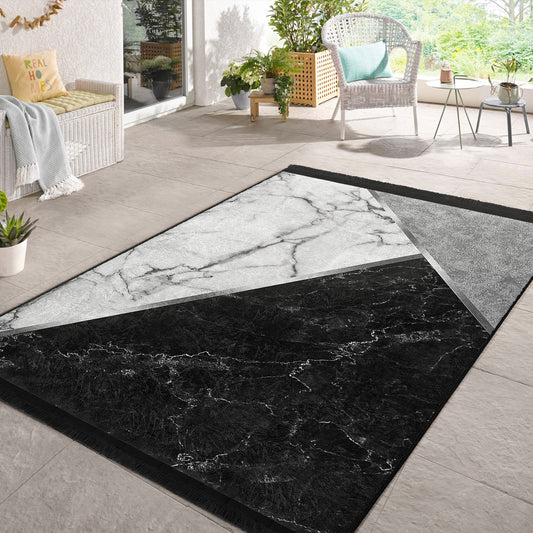 Black White Marble Design Area Rug - Front View
