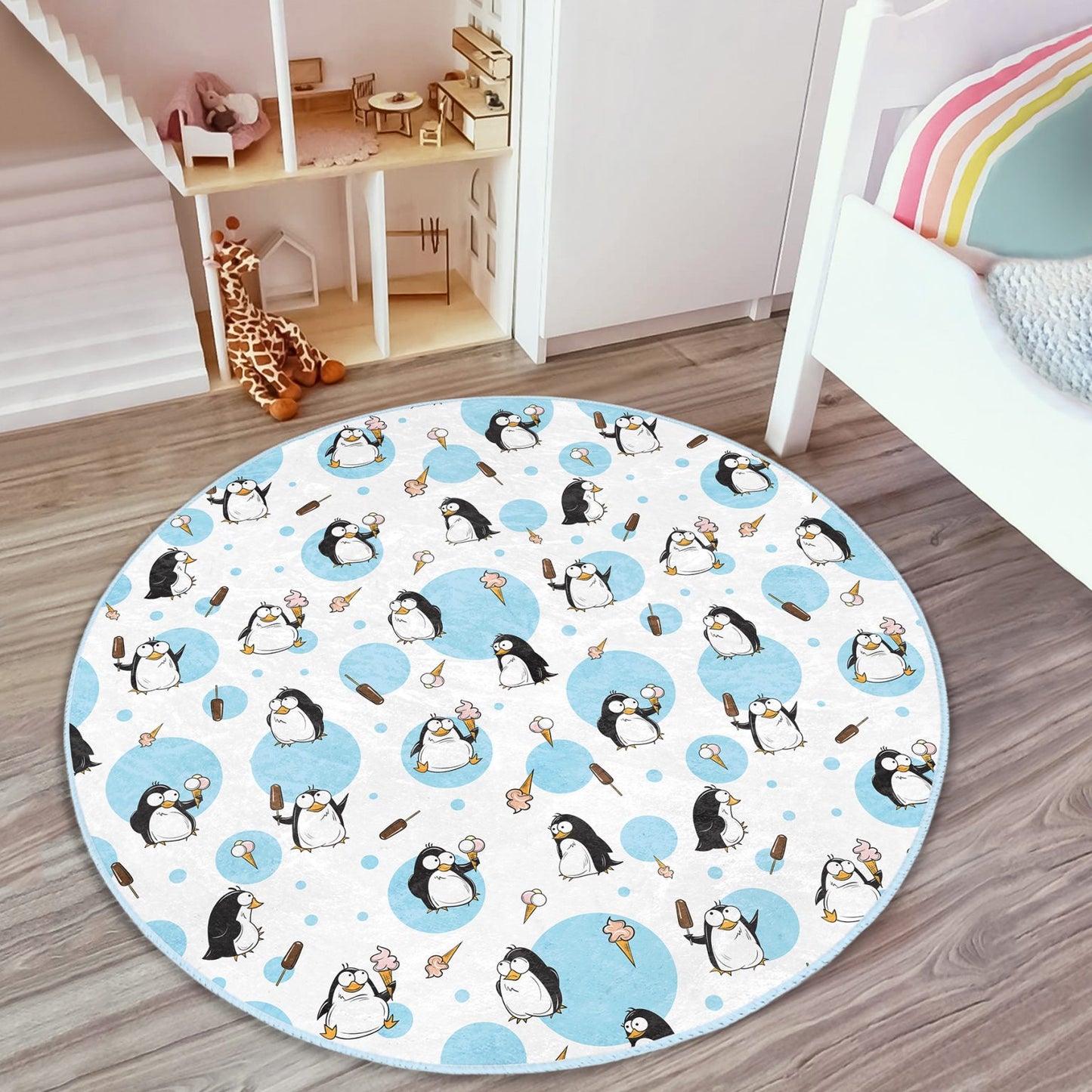 Kid-Friendly Rug with Playful Baby Penguins for Kids' Room