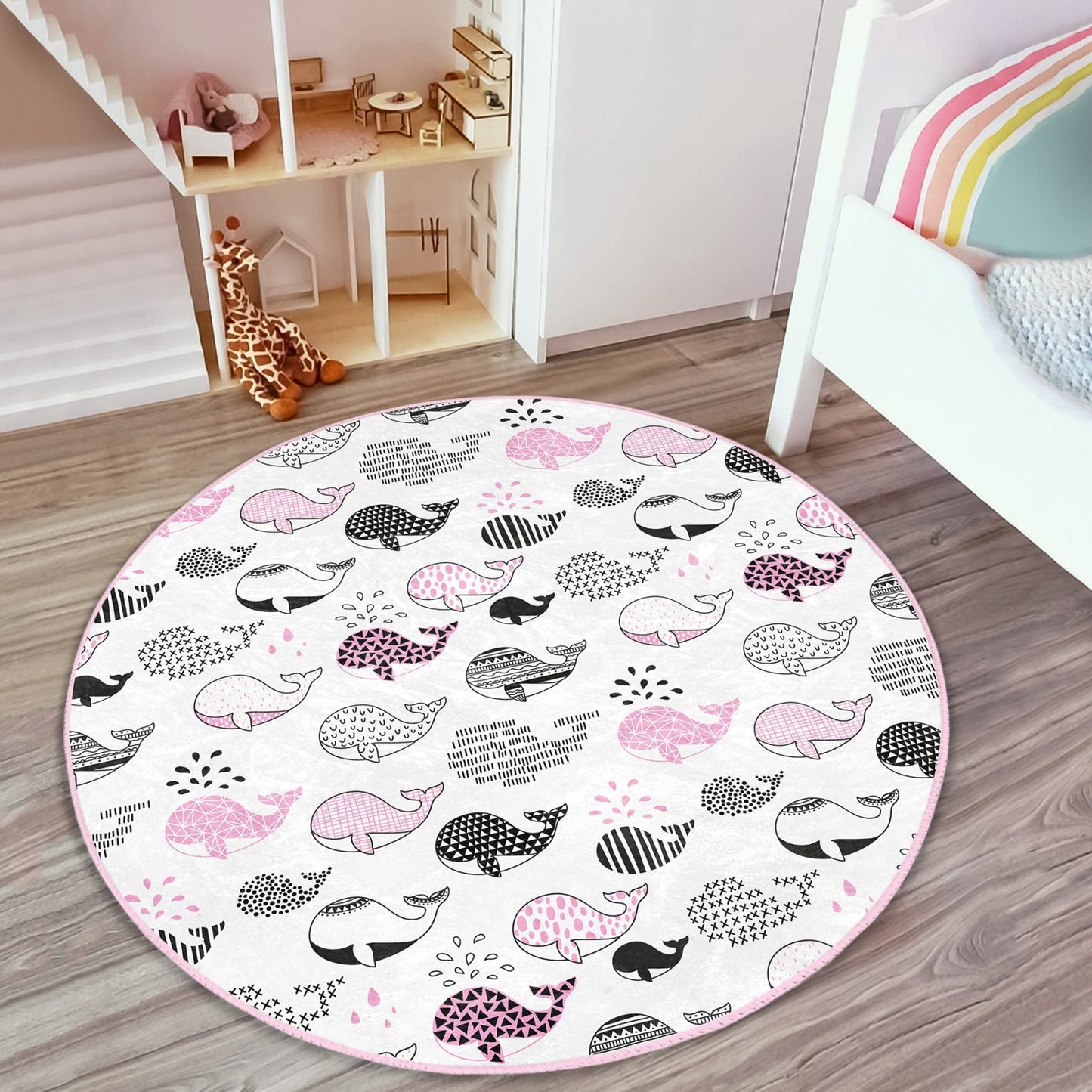 Whimsical Pink Whale Design Area Rug for Nursery