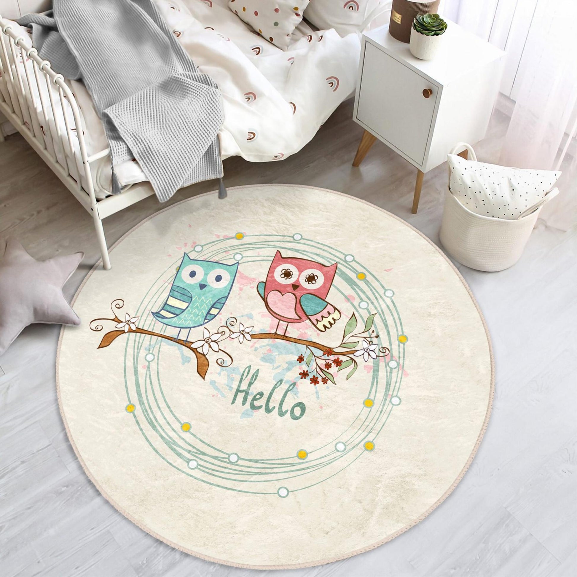 Whimsical kids rug showcasing delightful owls perched on the tree for playful decor.