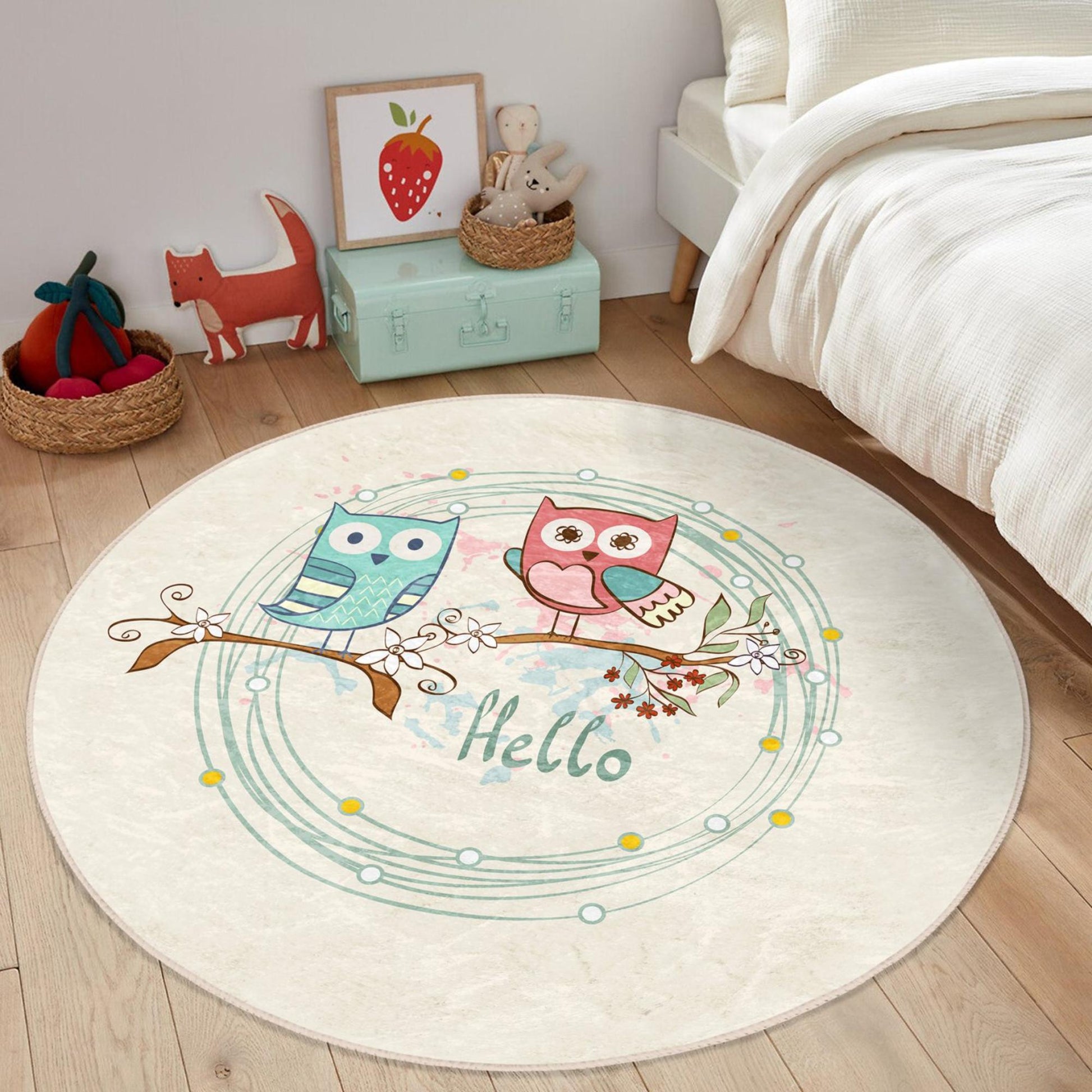 Sweet owl-themed rug with owls on the tree perfect for adding charm to kids' spaces.