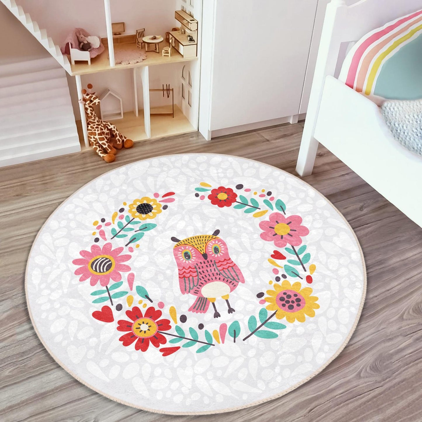 Fun-filled rug featuring colorful floral designs for children's room ambiance.