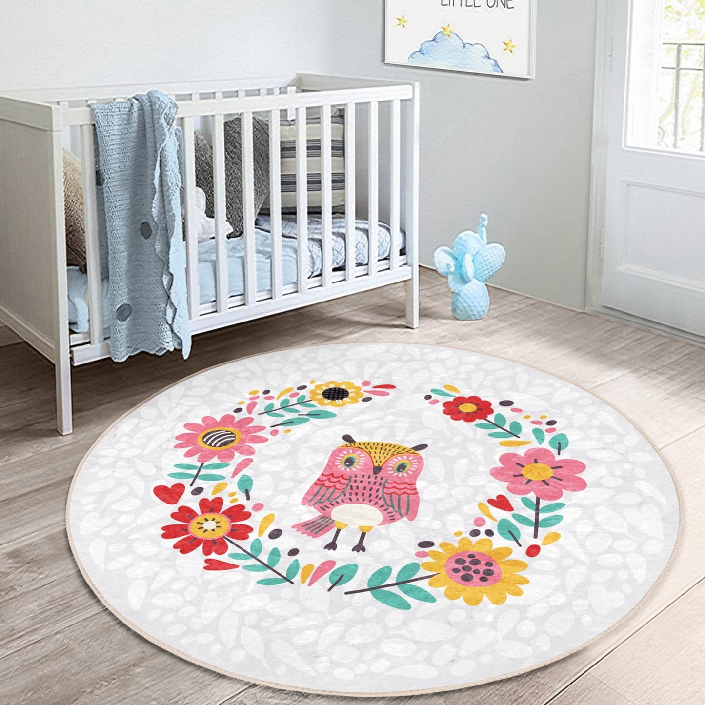 Vibrant rug with charming floral prints for a whimsical atmosphere.