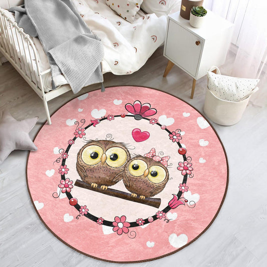 Kids rug featuring a pink owl loves design for a whimsical touch.