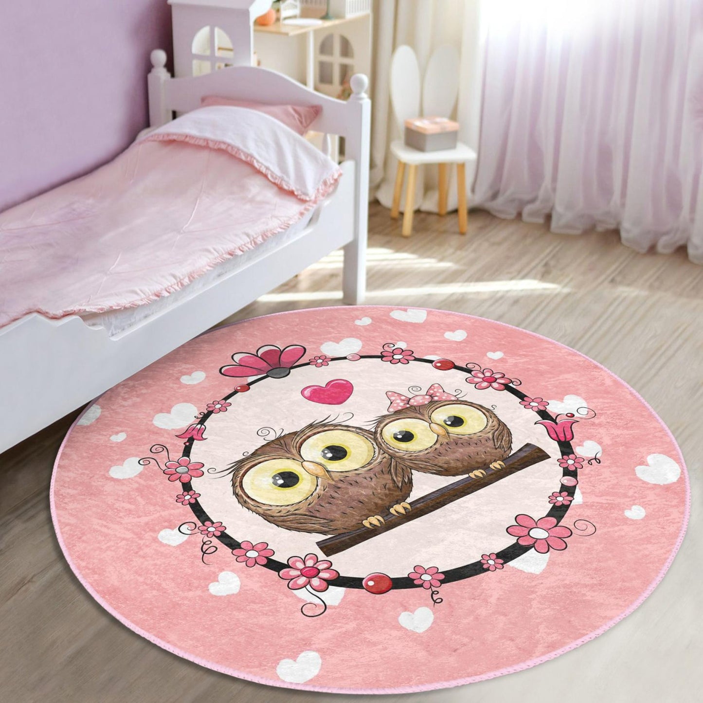 Charming kids rug adorned with sweet pink owl loves design.
