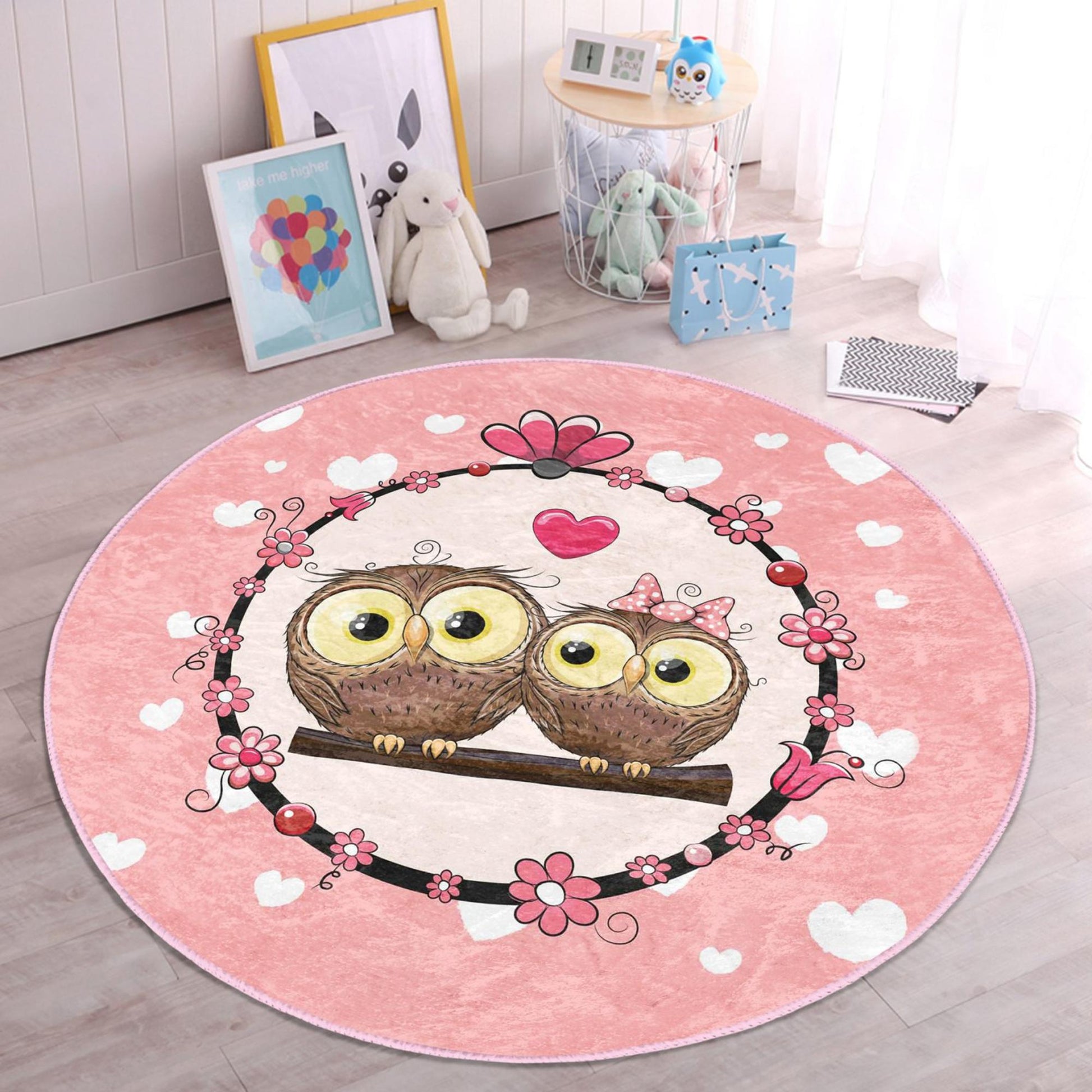 Imaginative kids rug featuring pink owl loves designs for cozy playtime.
