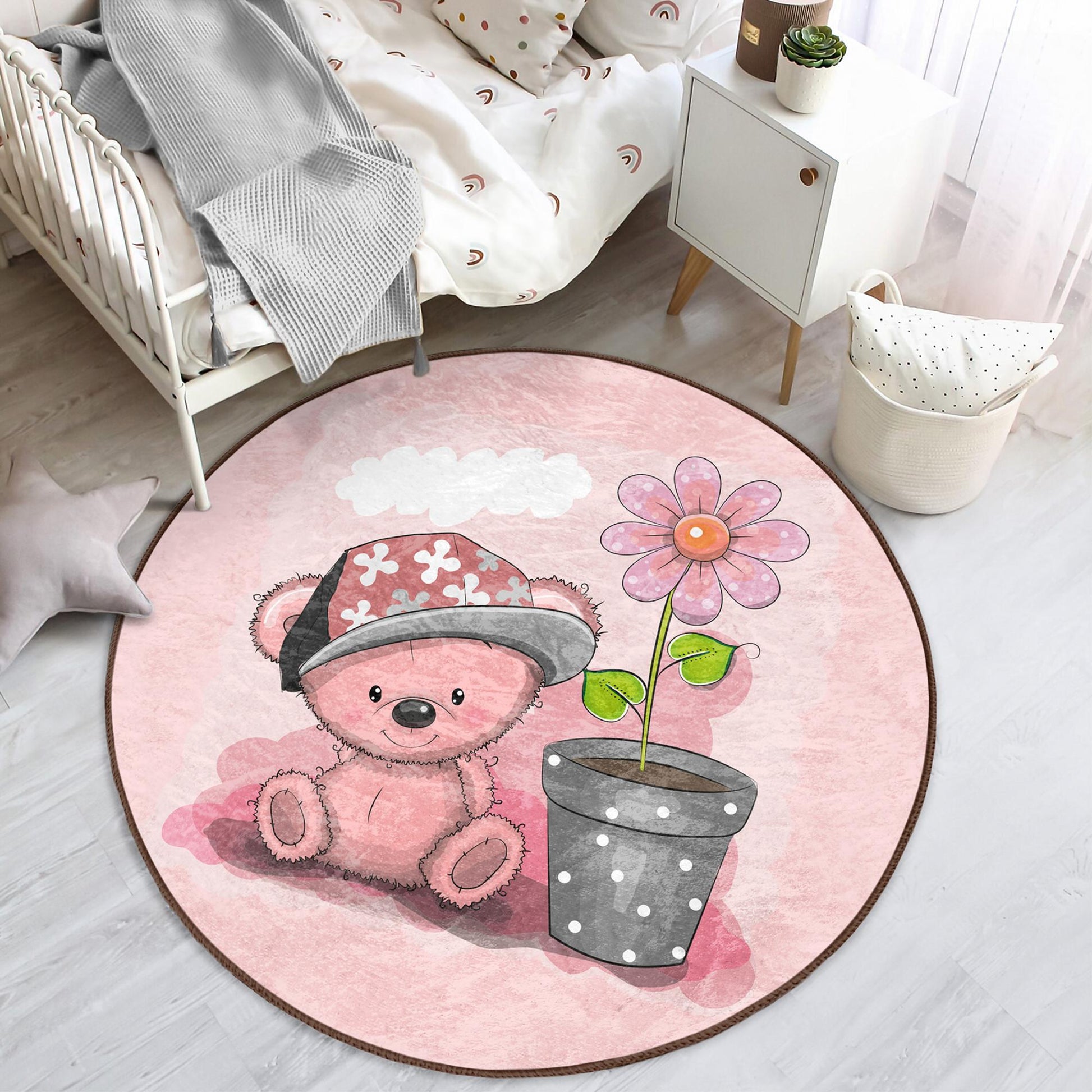 Whimsical girls room rug showcasing an adorable pink bear for playful decor.