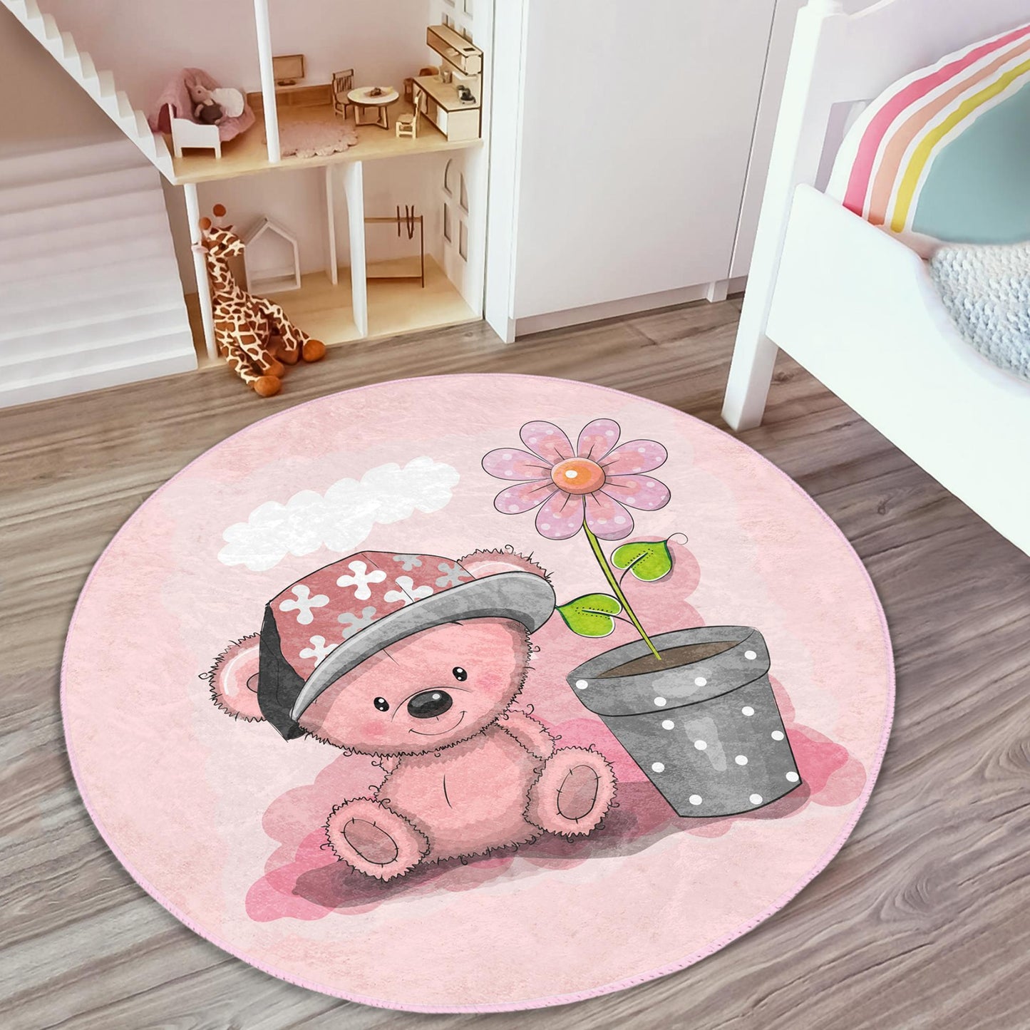 Imaginative girls room rug featuring a pink bear design for cozy playtime.