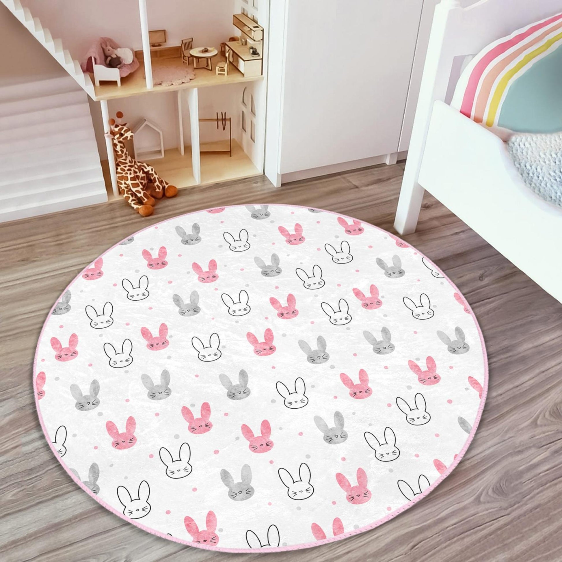 Sweet rabbit-themed rug perfect for adding charm to kids' rooms.