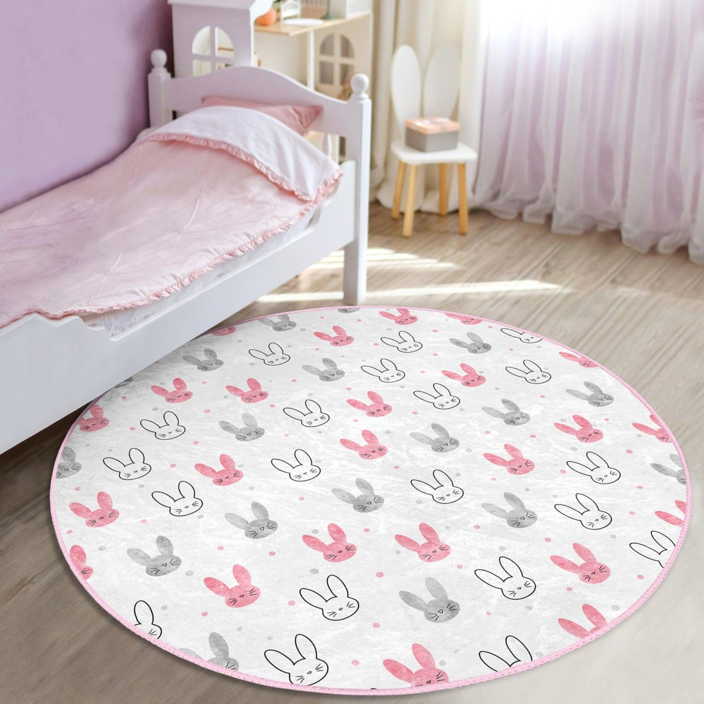 Cozy rabbit-patterned rug to add a playful touch to kids' bedrooms.