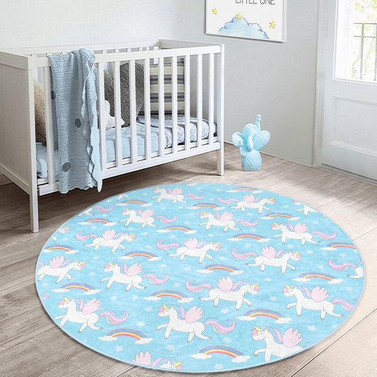 Nursery rug with a blue unicorn pattern for a magical touch.