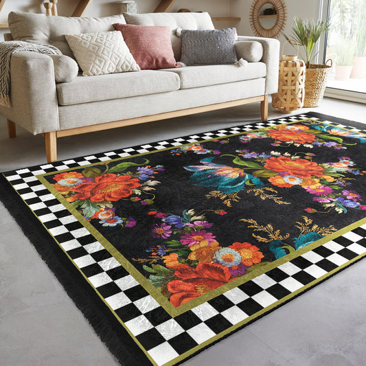 Floral Checkered Washable Rug - Main View