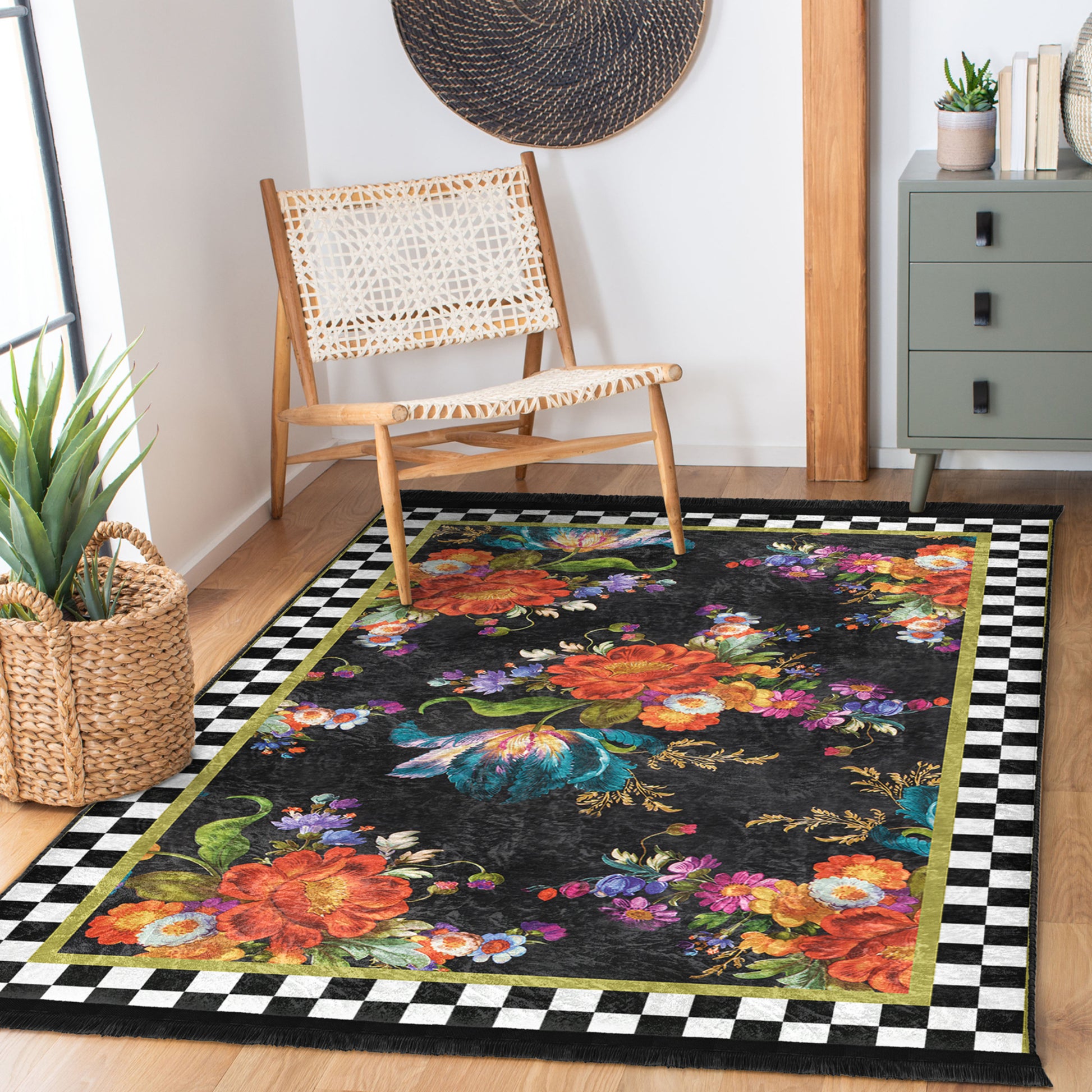 Floral Checkered Patterned Floor Rug - Dining Area