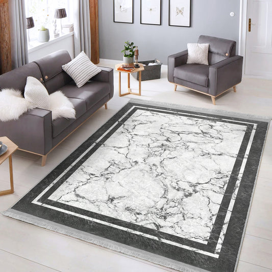 White Marble Design Washable Rug - Main View