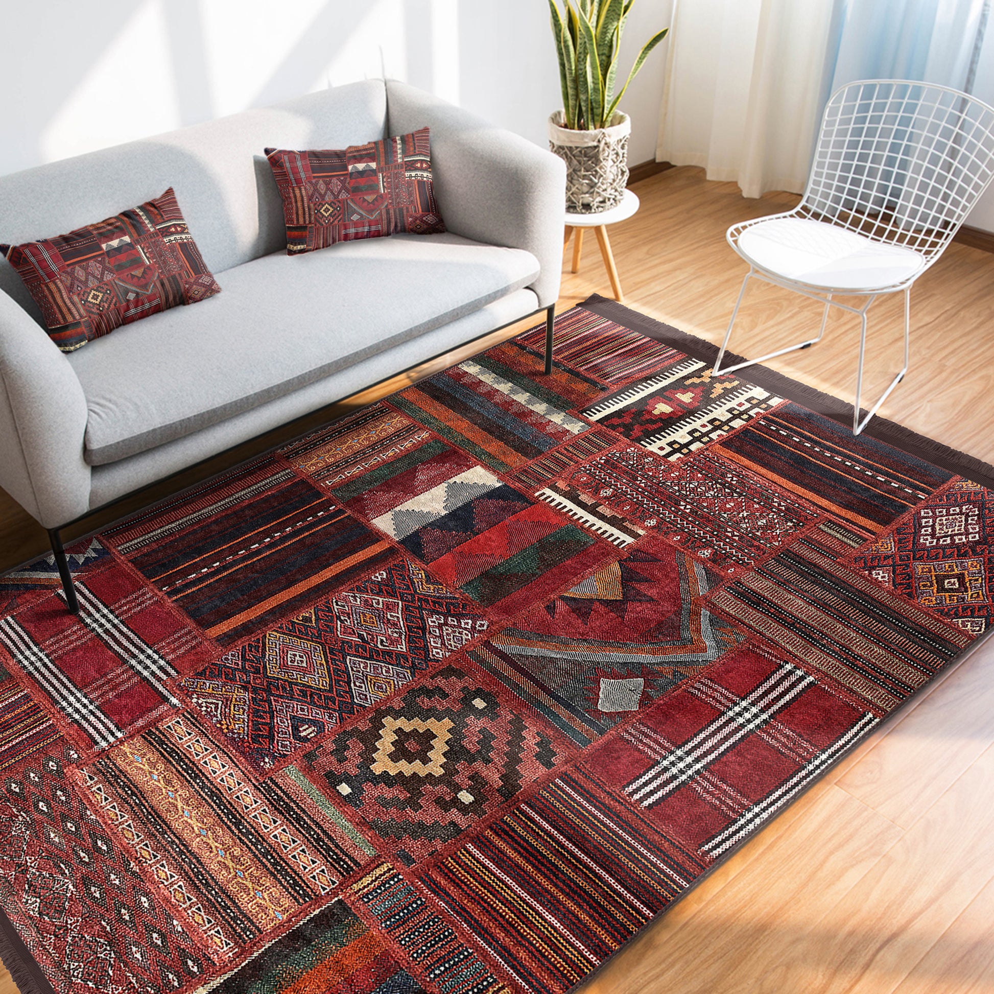 Red Color Classic Living Room Washable Rug - Main View