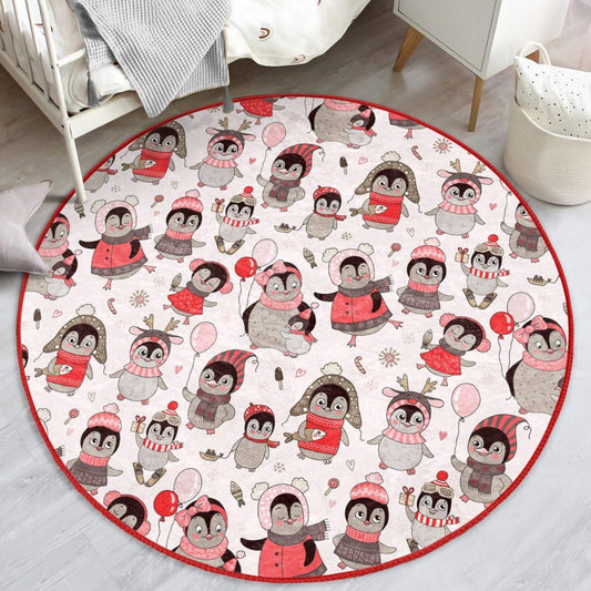Cute Penguin Pattern Kids Room Washable Round Rug - Main View
