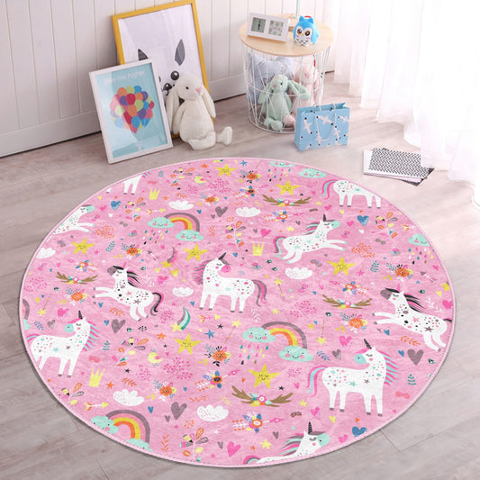 Pink Unicorns Printed Kids Room Decorative Washable Round Rug - Main View