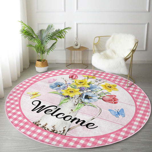 Flower Pattern Welcome Sign Printed Washable Round Rug - Main View