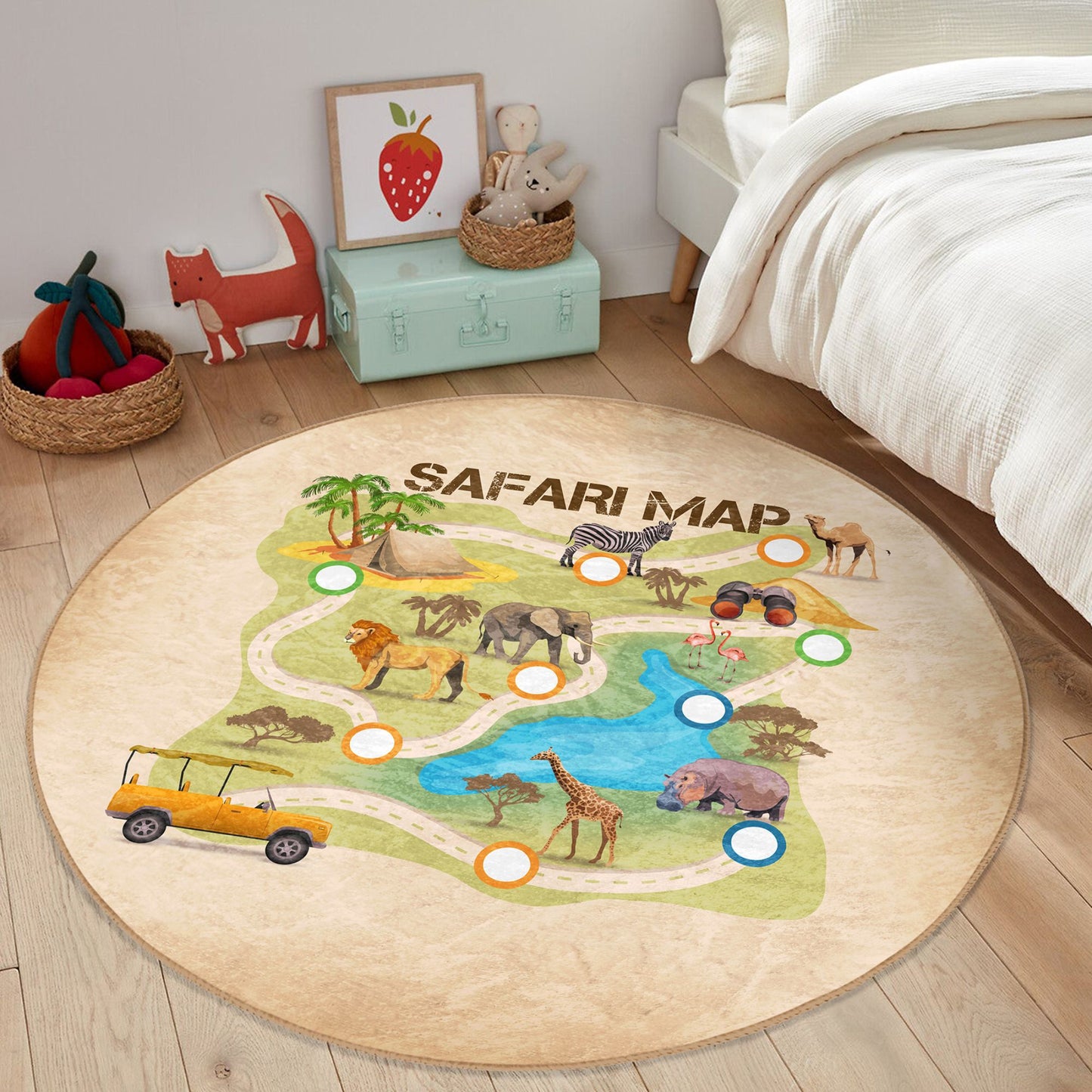 Safari Map Printed Kids Game Area Washable Rug