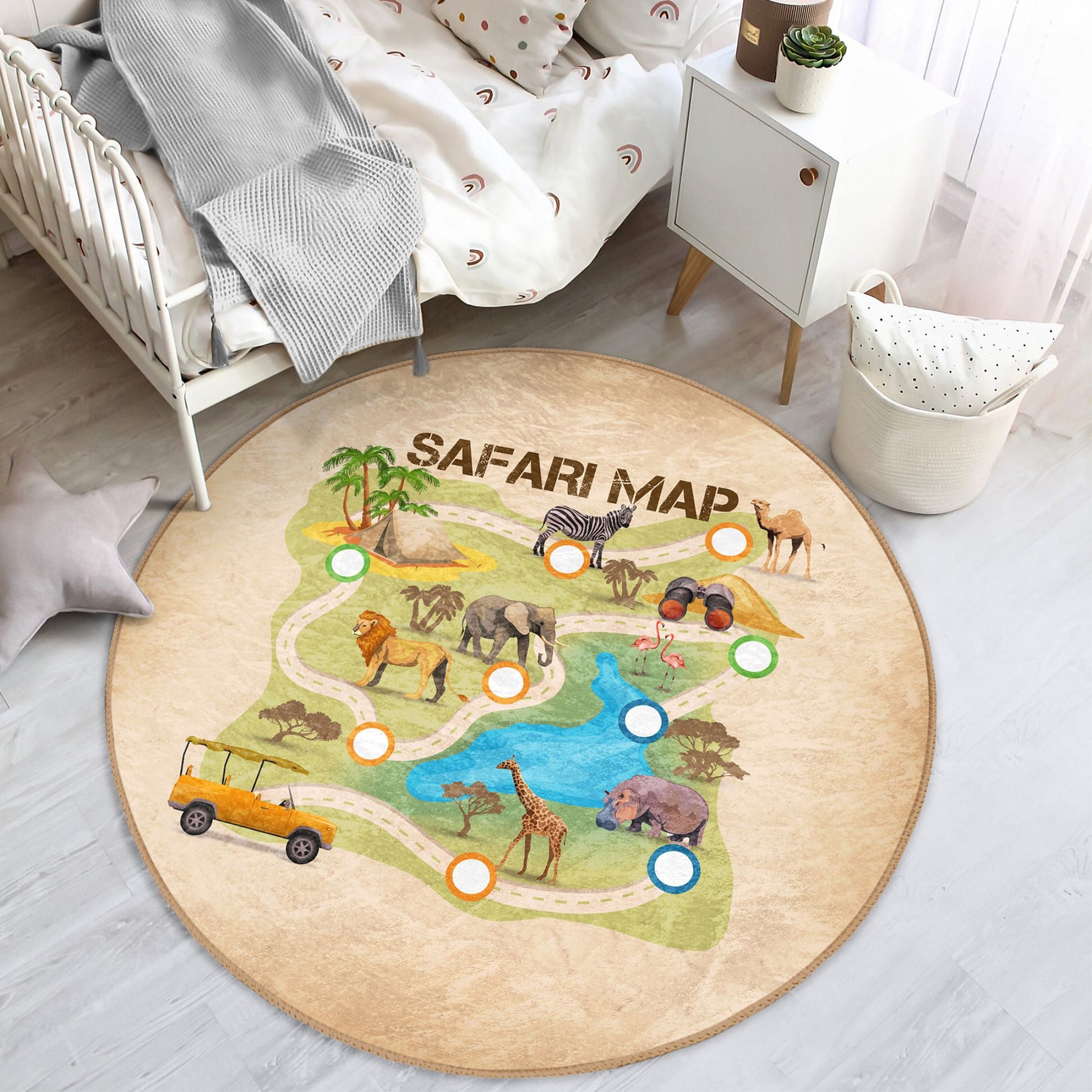 Rug with Educational Safari Map for Kids' Play Area