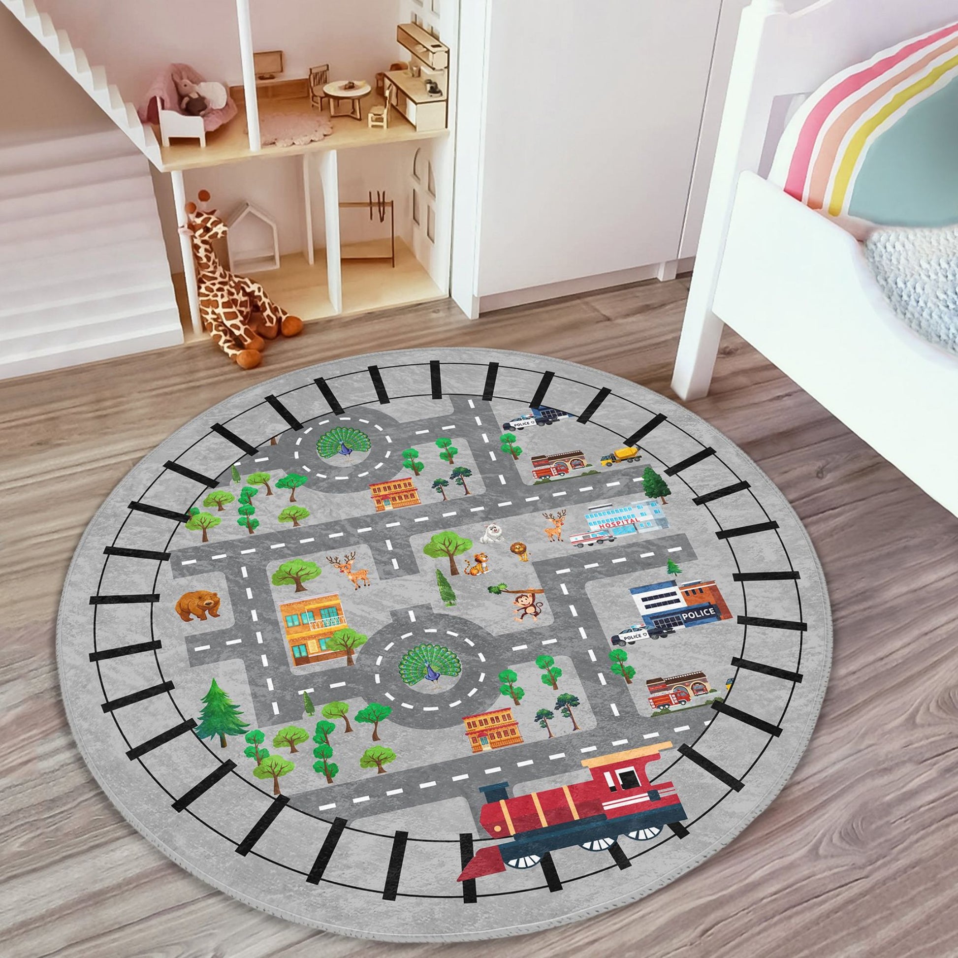 Educational Rug with City Map and Train Design