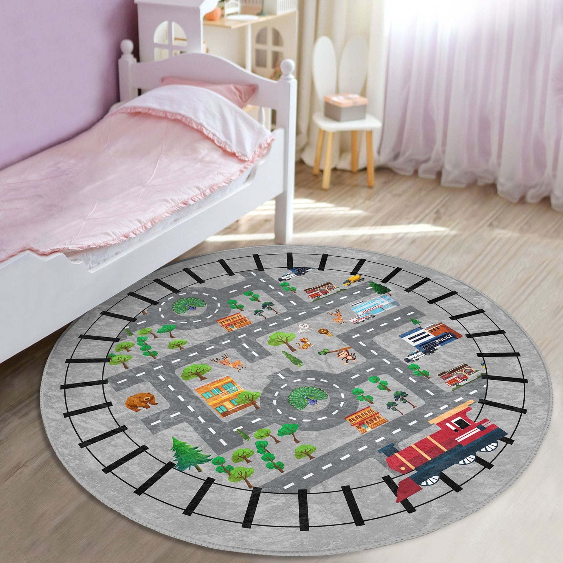 Rug with City Map and Train Design for Kids' Play Area