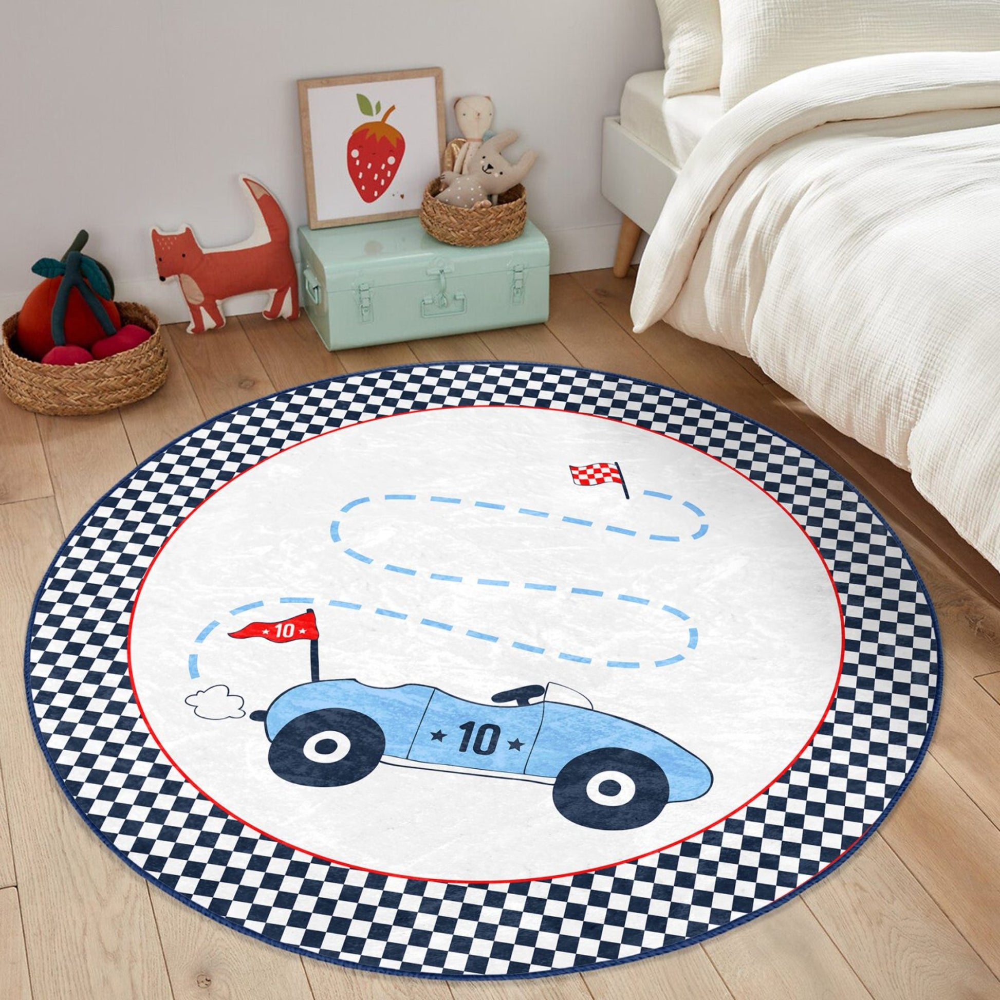 Kids Room Decorative Racing Car Printed Washable Round Rug - Main View