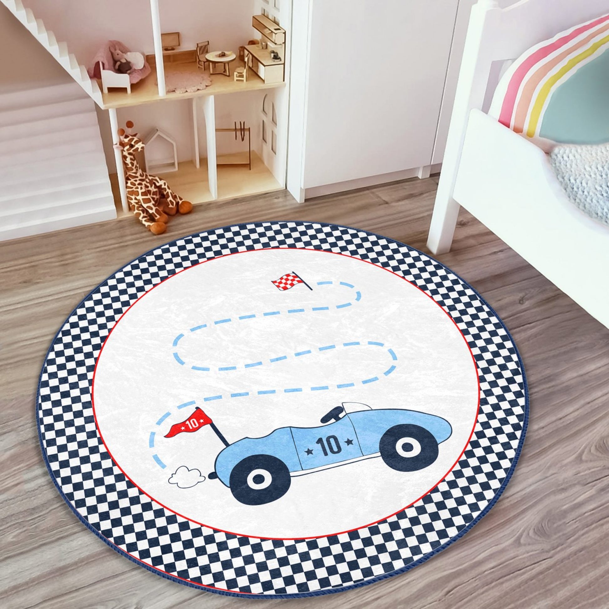 Round Racing Car Patterned Floor Rug - Charming Charm