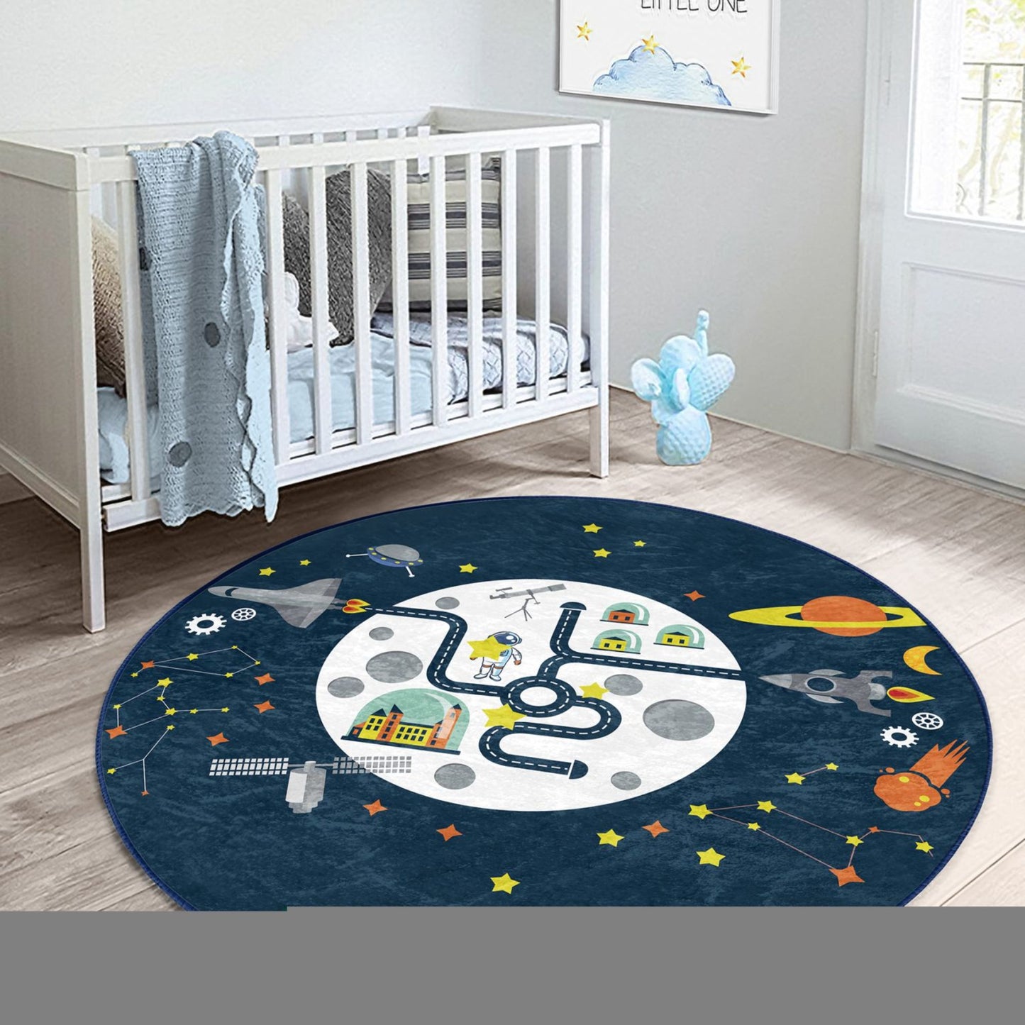 Rug with Space Center Design for Kids' Play Area