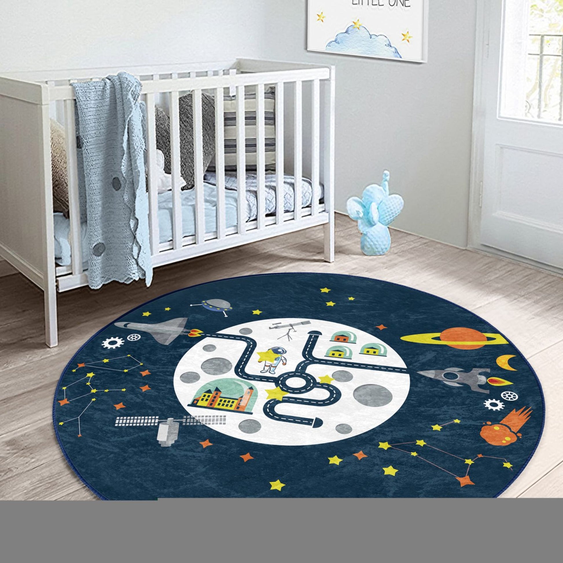 Rug with Space Center Design for Kids' Play Area
