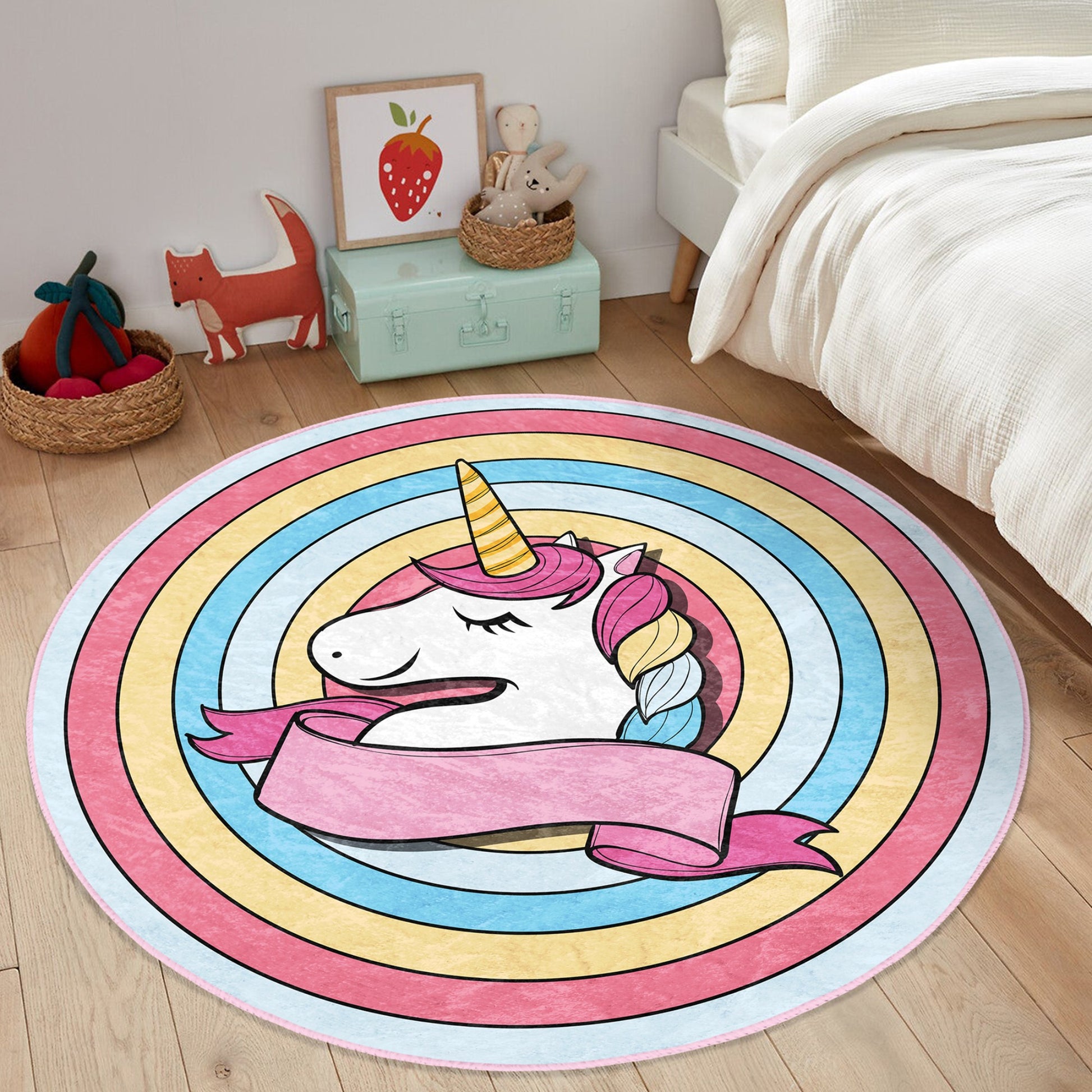 Round Rainbow Unicorn Patterned Floor Rug - Charming Charm