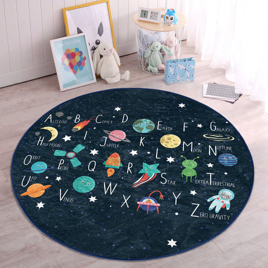 Kids Room Space Pattern Alphabet Printed Washable Round Rug - Main View