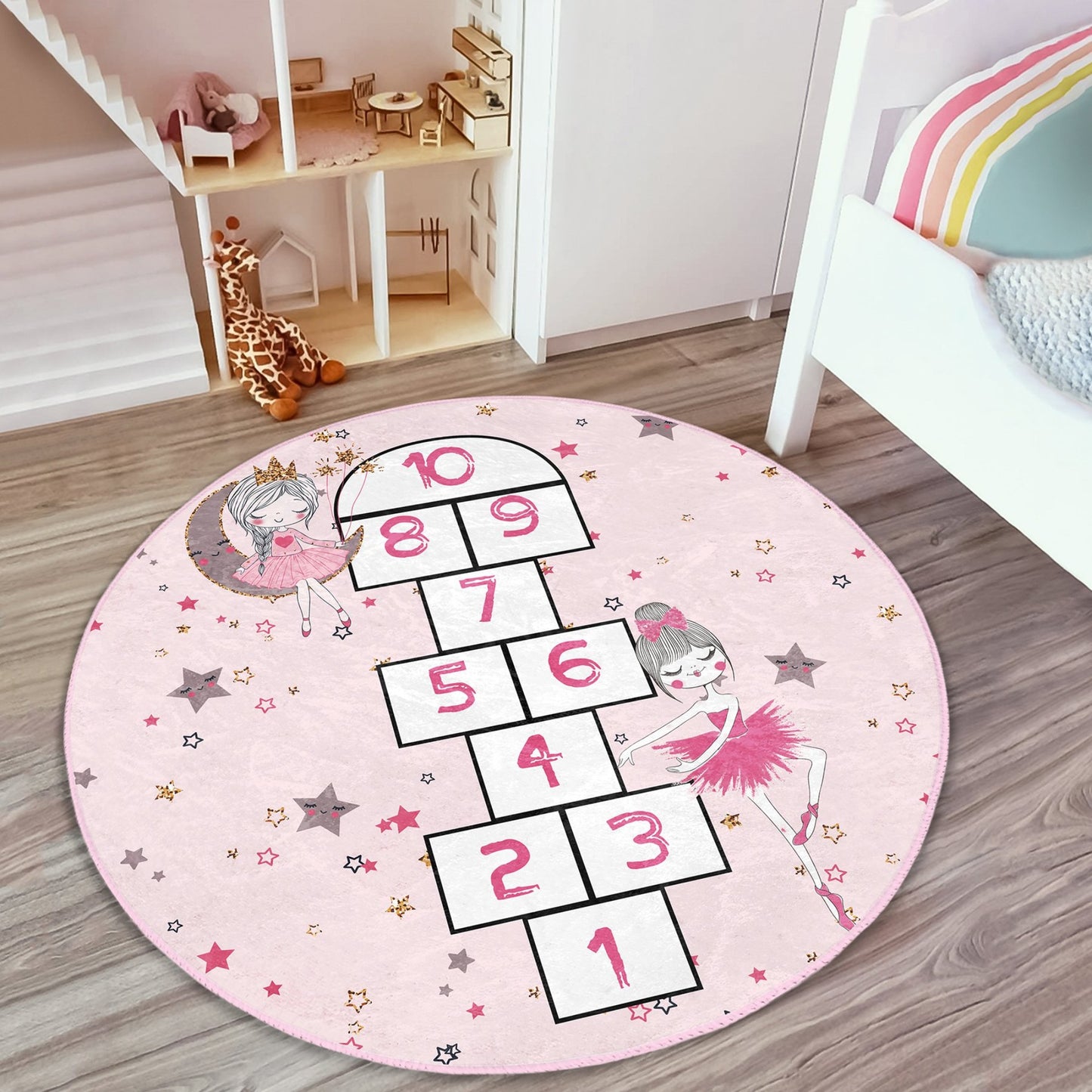Girls Room Pink Hopscotch Washable Round Rug - Main View
