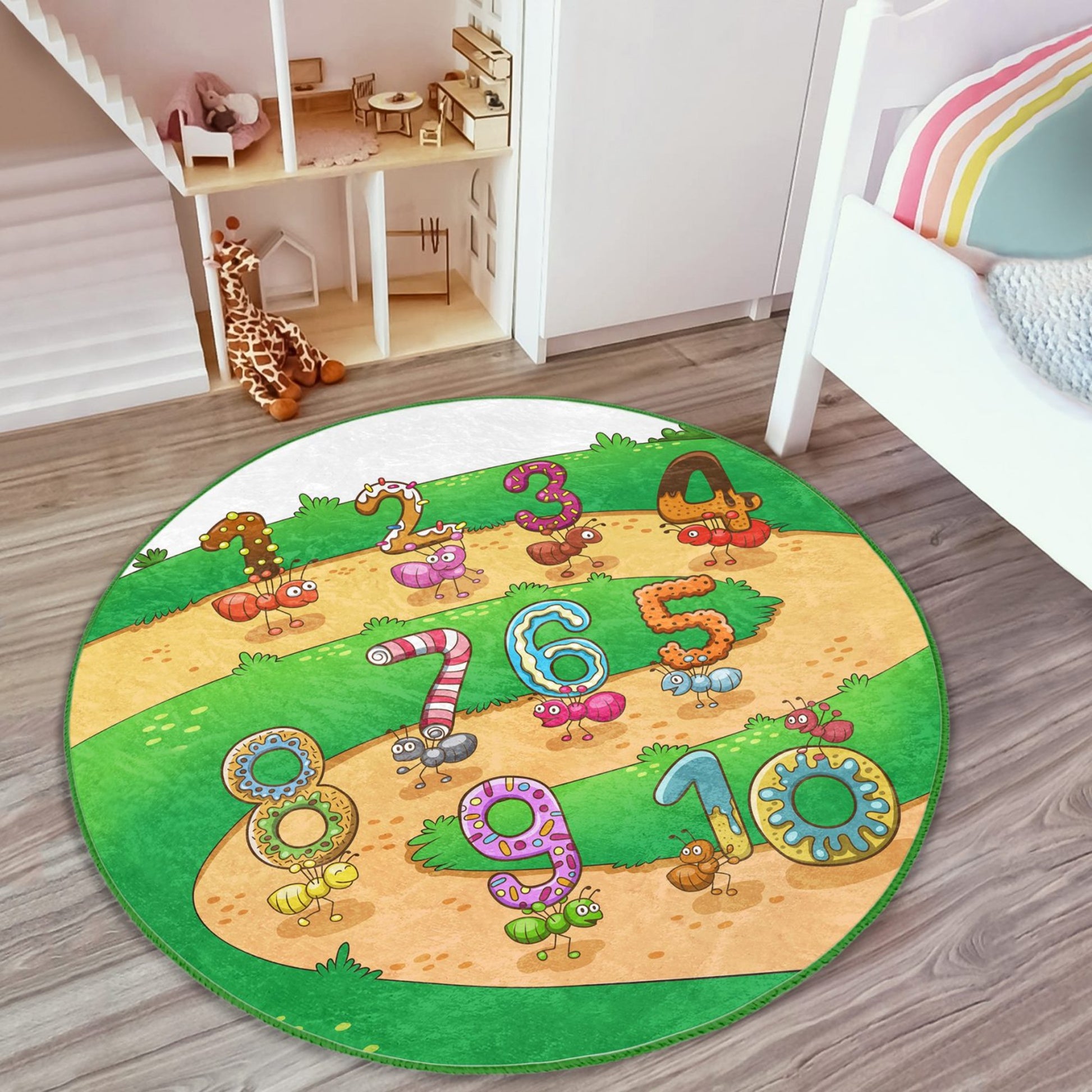 Ant Printed Numbers Pattern Kids Room Washable Round Rug - Main View