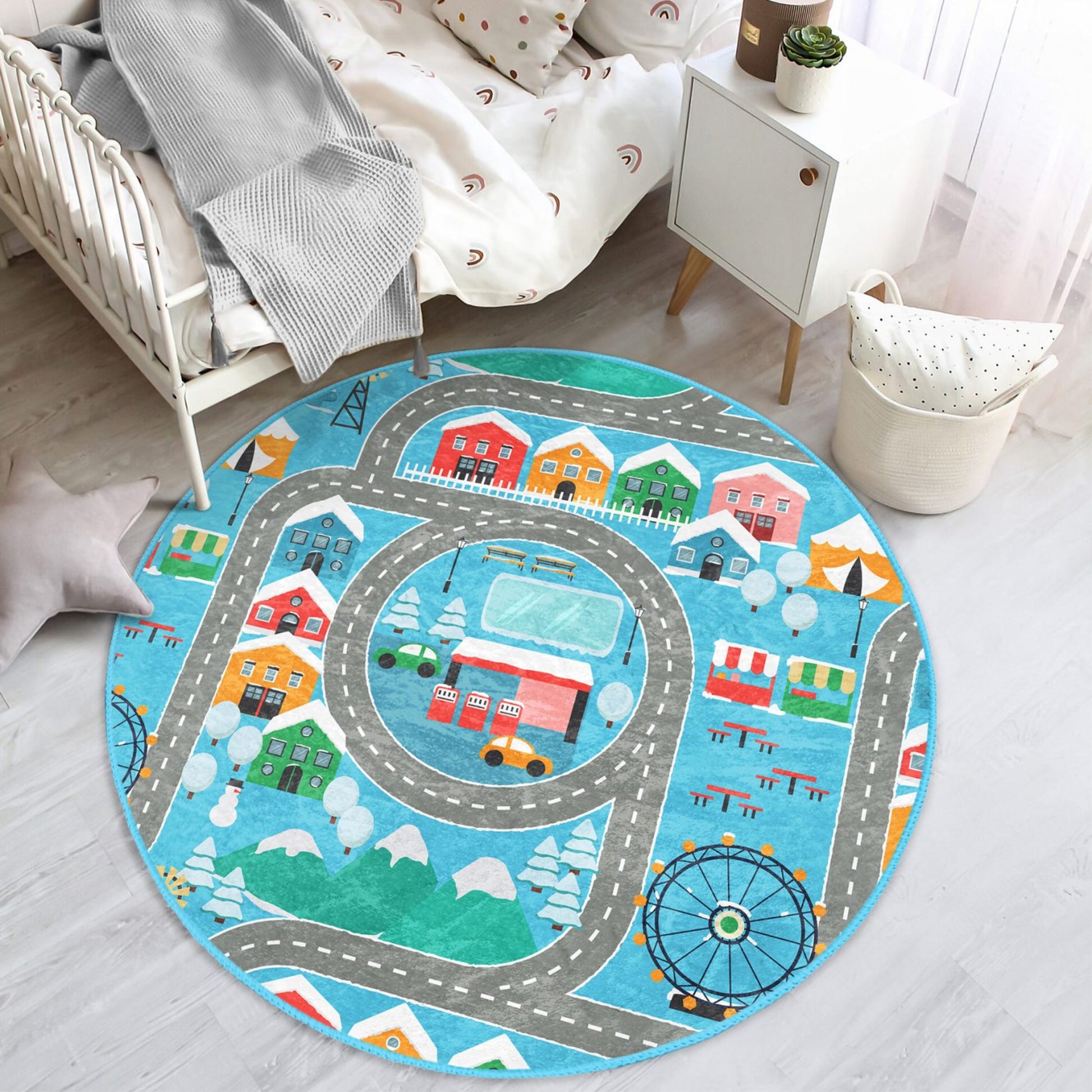 City Road Printed Boys Play Cars On Washable Round Rug - Main View