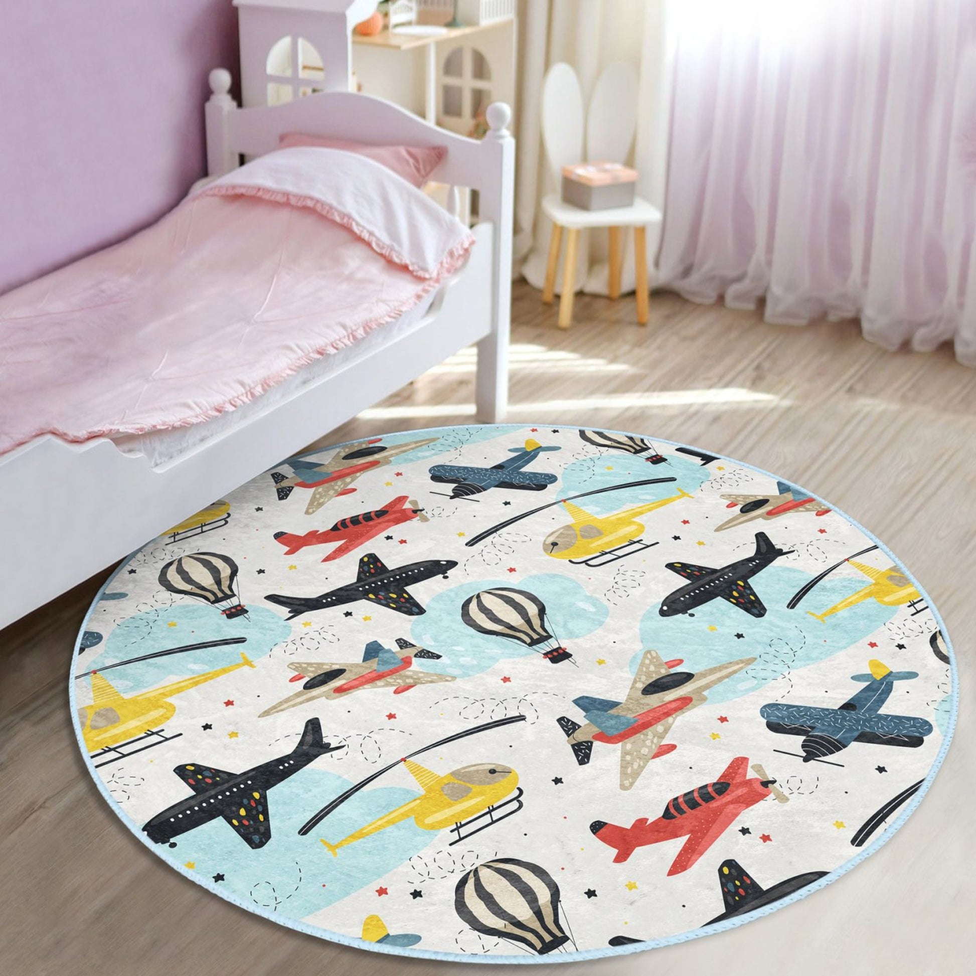 Homeezone's Planes Helicopters Patterned Kids' Room Washable Rug