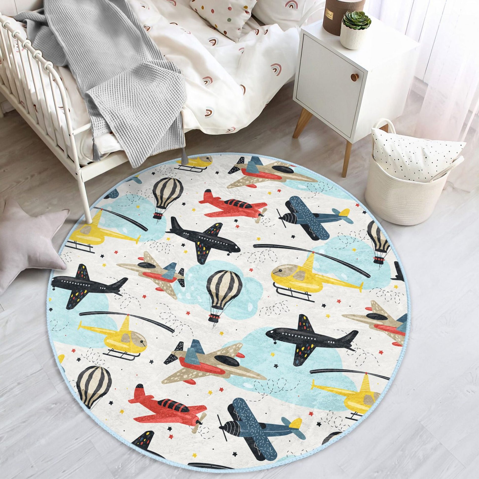 Educational Rug with Planes and Helicopters Design