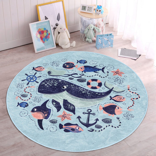 Blue Whale Ocean Animals Pattern Kids Room Washable Round Rug - Main View