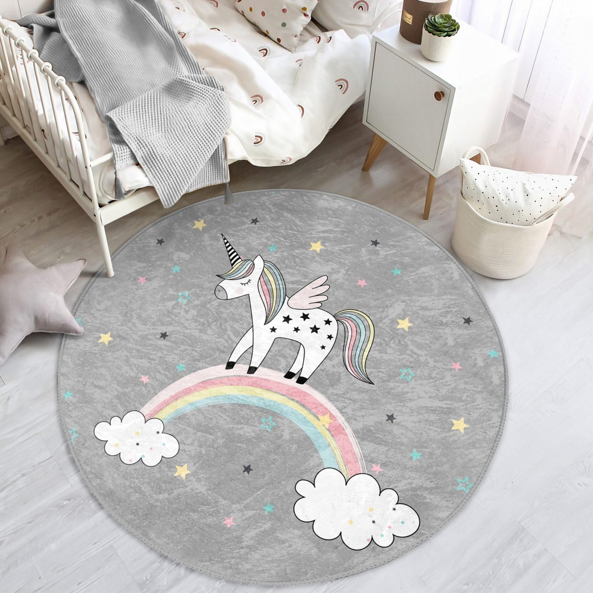 Round Unicorn on the Rainbow Patterned Floor Rug - Charming Accent