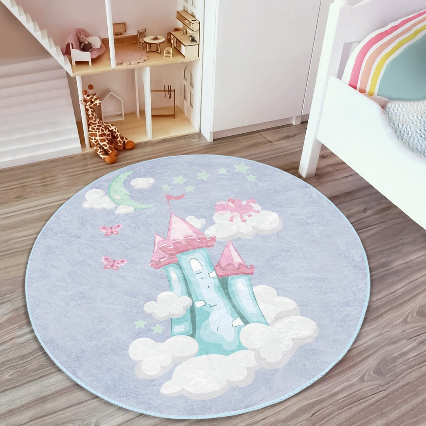 Girls Room Castle Pattern Washable Round Rug - Main View