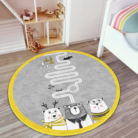 Cute Bears Printed Decorative Kids Room Washable Round Rug | Homeezone