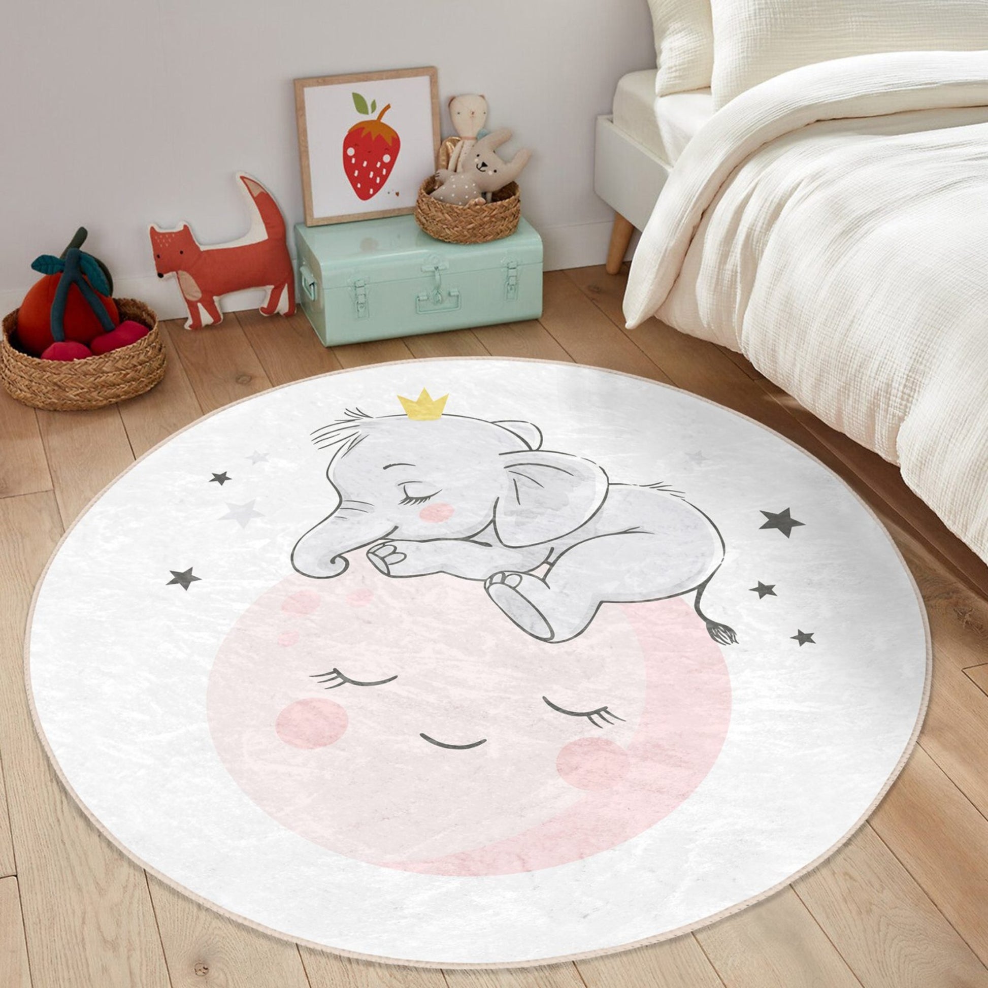 Washable Rug with Elephant on the Moon Print - Easy Maintenance