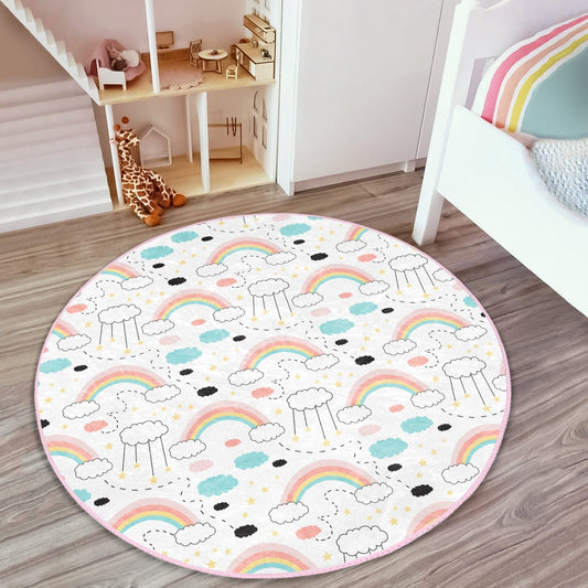 Kids Room Decorative Rainbow Pattern Washable Round Rug - Main View