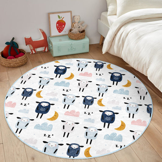 Cute Sheep Pattern Kids Room Washable Round Rug - Main View