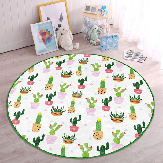Cactus Printed Floral Decor Washable Round Rug - Main View