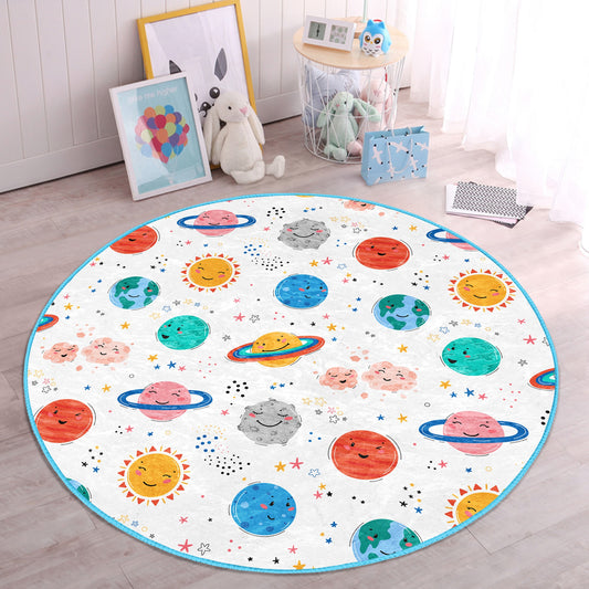 Smile Planets Printed Kids Room Washable Round Rug - Main View