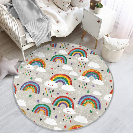 Kids Room Decorative Rainbows Pattern Washable Round Rug - Main View
