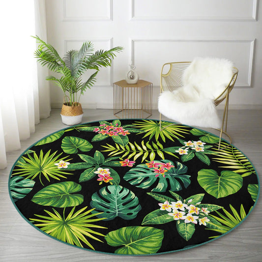 Green Floral Pattern Home Decoration Washable Round Rug - Main View