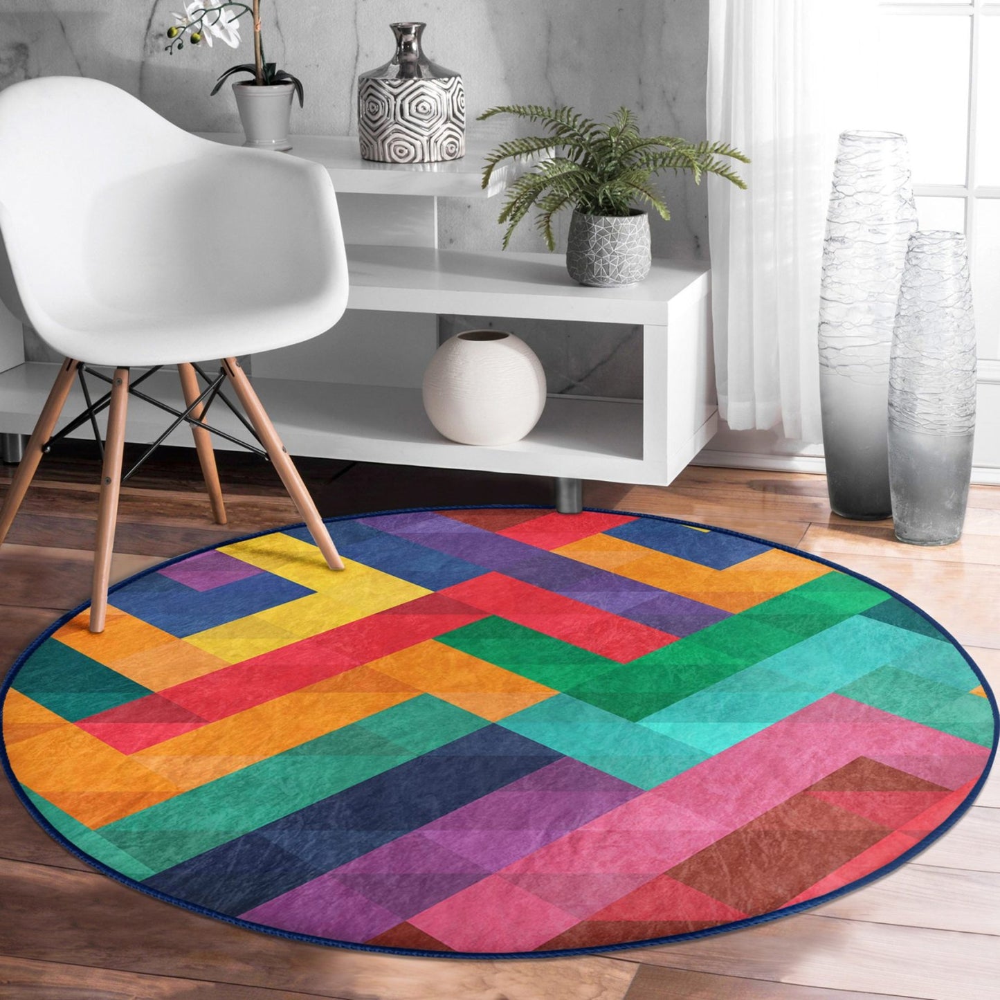 Vibrant Rainbow Colors Patterned Circle Carpet - Cheerful Design