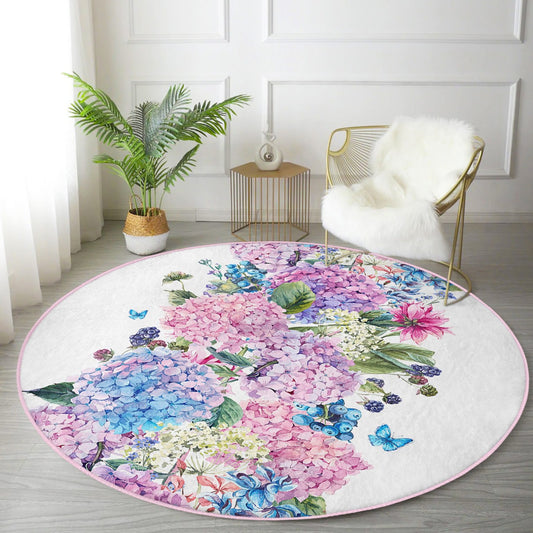 Hydrangea Flower Pattern Summer Home Decorative Washable Circle Rug - Main View